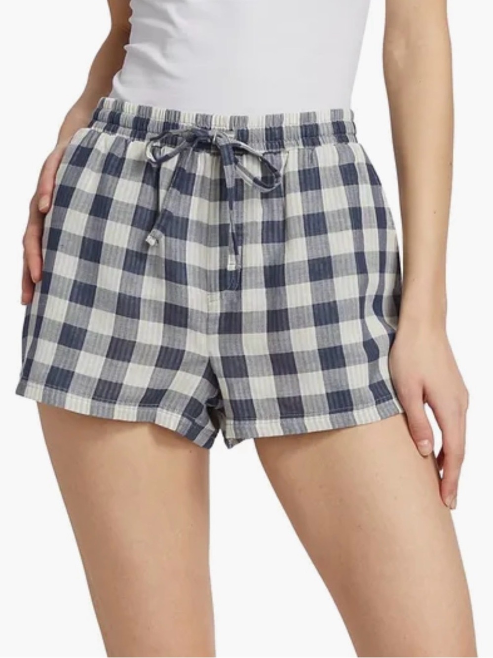 Gingham Drawstring Shorts in Navy and White